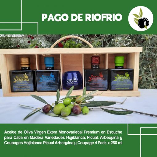 PAGO DE RIOFRIO Aceite de Oliva Virgen Extra Monovarietal Variedades Hojiblanca Picual Arbequina y Coupage 4 Pack x 250 ml iecoo St 003