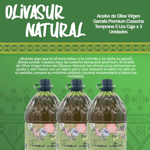 OLIVASUR NATURAL Aceite de Oliva Virgen Garrafa Premium Cosecha Temprana 5 Lt Caja 3 Und ieco st 09