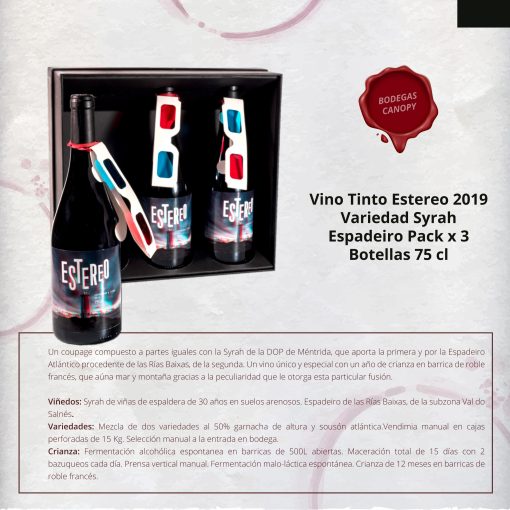BODEGAS CANOPY SL Vino Tinto Estereo 2019 Variedad Syrah Espadeiro Pack x 3 Botellas 75 cl 08 1662575346