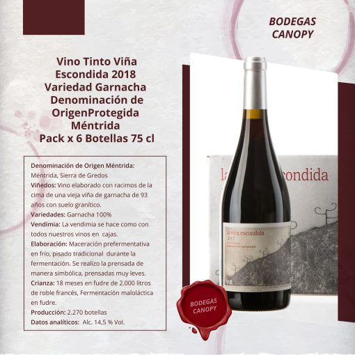 BODEGAS CANOPY SL Vino Tinto Vina Escondida 2017 Pack x 6 Botellas 75 cl 11 1662492486